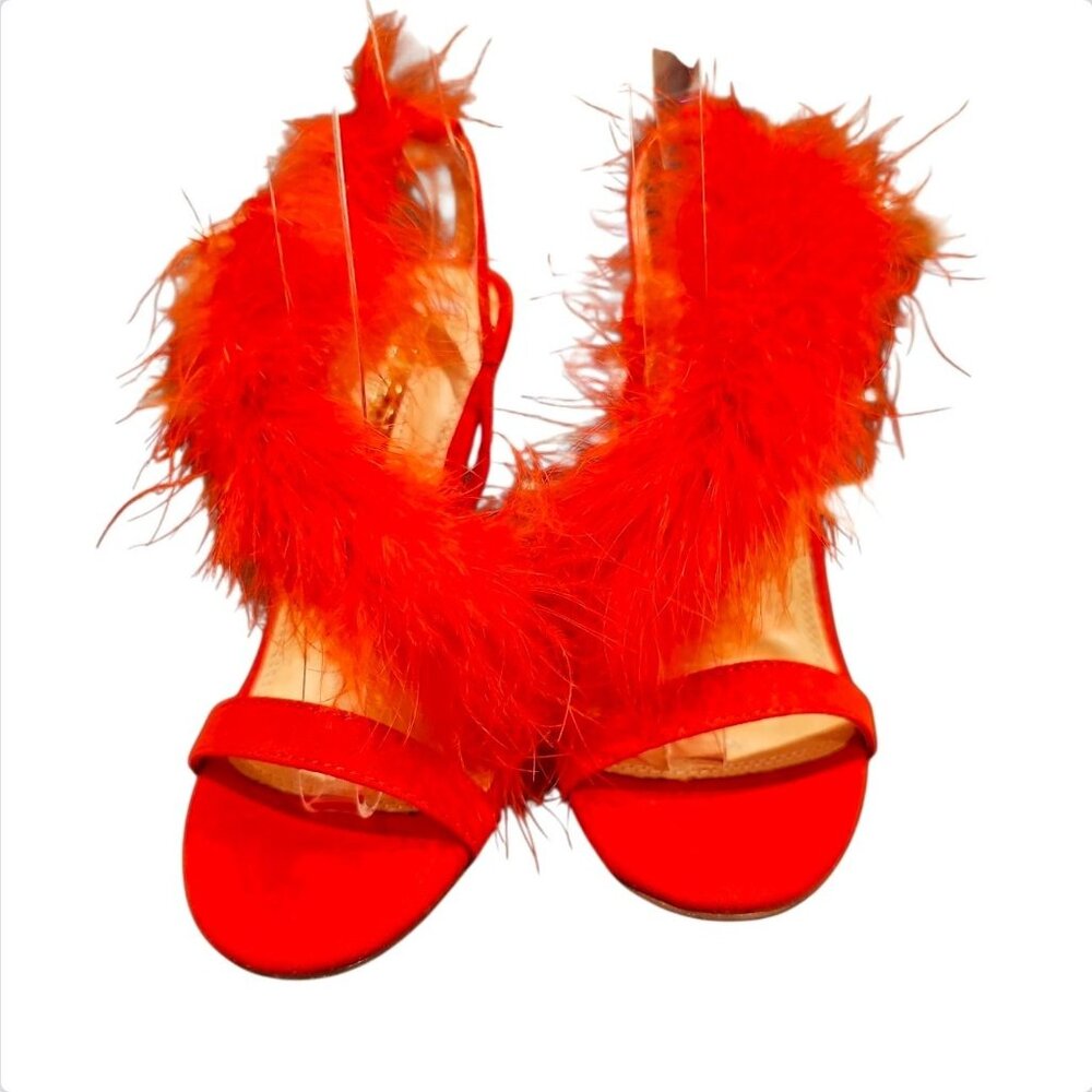 Bright Red Feathered High Heel Stiletto Open Toe Sandals With Dramatic Plume Acc - Picture 8 of 8